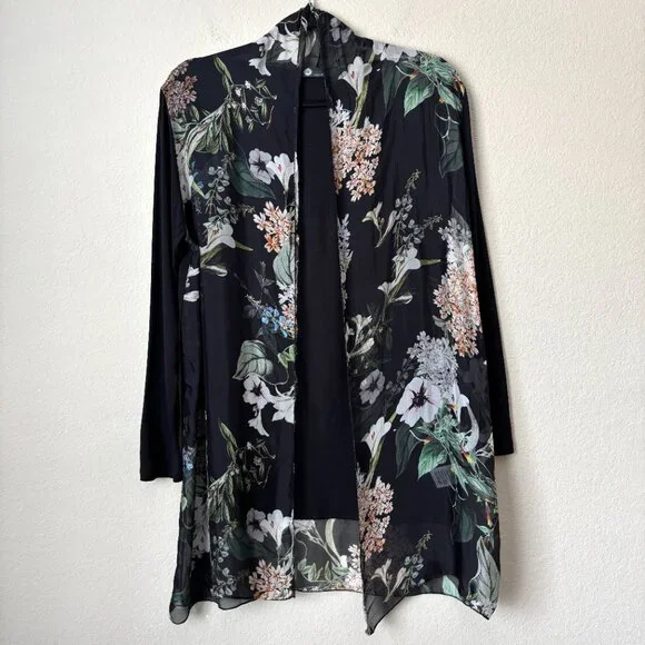 M Made in Italy Silk Floral Sheer Longline Open Front Lightweight Cardigan - Picture 3 of 13